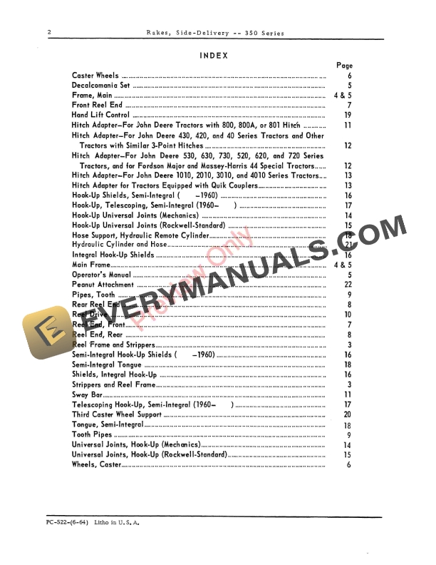 John Deere 350 Series Hay Side Delivery Rake, Hitch Adapter Parts Catalog PC522 01JUN64 5 John Deere 350 Series Hay Side Delivery Rake, Hitch Adapter Parts Catalog PC522 01JUN64-4