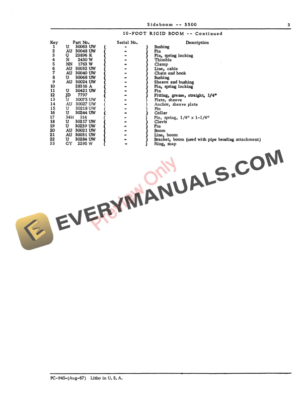 John Deere 3500 Sideboom Parts Catalog PC945 01AUG67-5