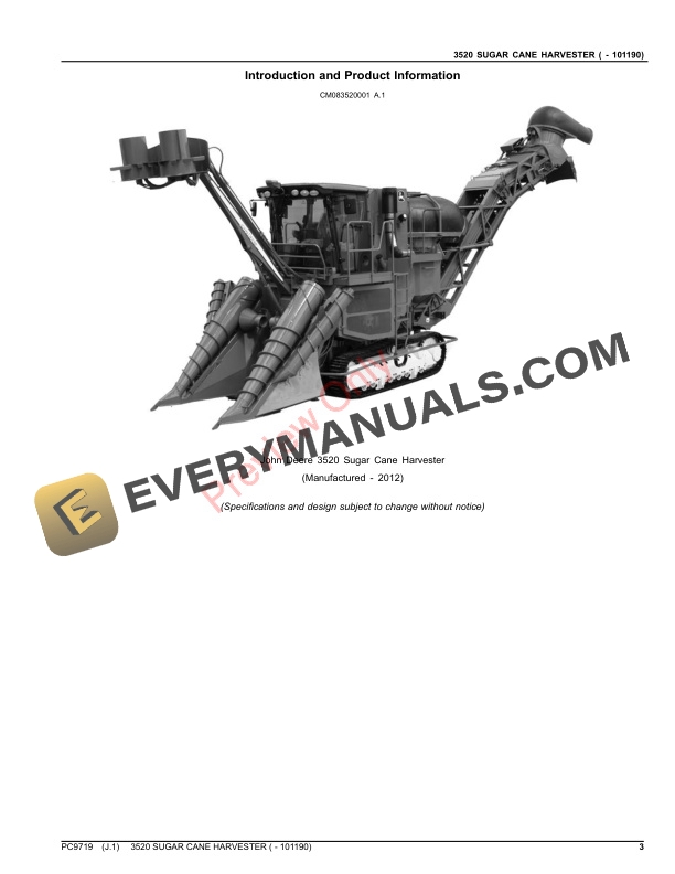 John Deere 3520 SUGAR CANE HARVESTER ( - 101190) Parts Catalog PC9719 15OCT23 4 John Deere 3520 SUGAR CANE HARVESTER ( – 101190) Parts Catalog PC9719 15OCT23-3