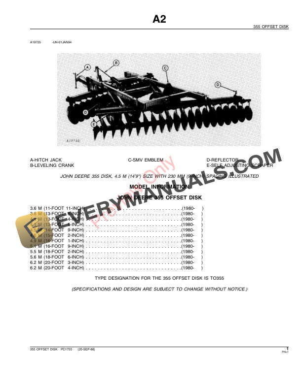 John Deere 355 (Heavy-Duty) Offset Disk Parts Catalog PC1755 22JUN90-3