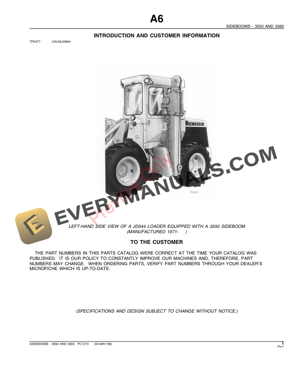 John Deere 3550, 3560 Sidebooms Parts Catalog PC1274 03MAY89-3