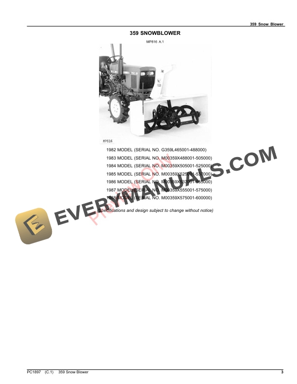 John Deere 359 SNOW BLOWER Parts Catalog PC1897 10APR23-3