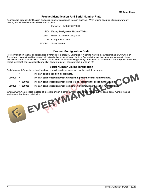 John Deere 359 SNOW BLOWER Parts Catalog PC1897 10APR23-4