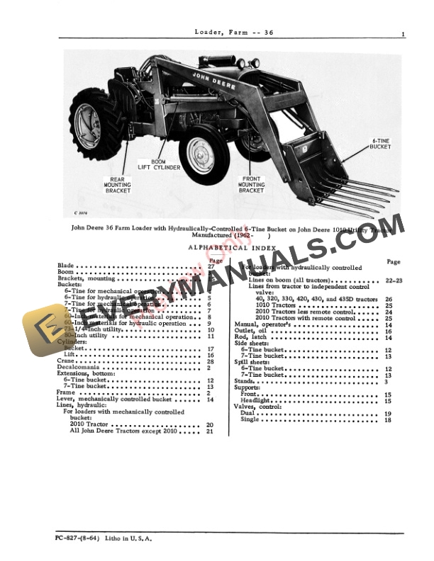 John Deere 36 Farm Loader Parts Catalog PC827 01AUG64 4 John Deere 36 Farm Loader Parts Catalog PC827 01AUG64-3