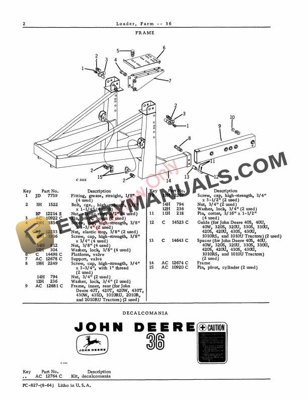 John Deere 36 Farm Loader Parts Catalog PC827 01AUG64 5 John Deere 36 Farm Loader Parts Catalog PC827 01AUG64-4