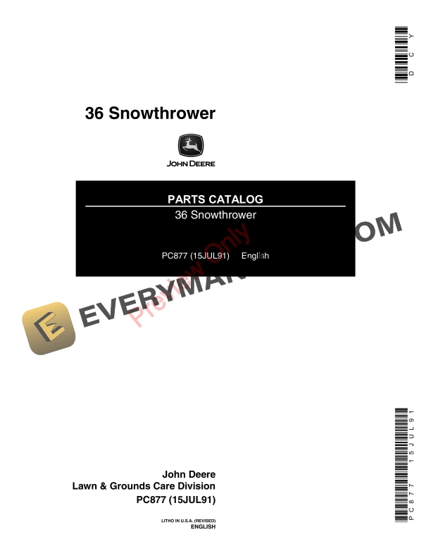 John Deere 36 Snow Thrower Parts Catalog PC877 15JUL91-1