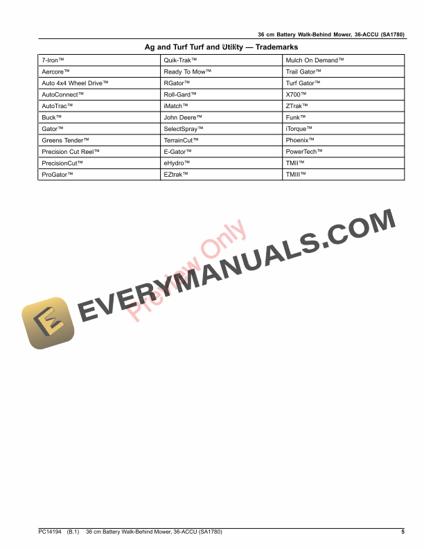 John Deere 36 cm Battery Walk-Behind Mower, 36-ACCU (SA1780) Parts Catalog PC14194 30OCT20 6 John Deere 36 cm Battery Walk-Behind Mower, 36-ACCU (SA1780) Parts Catalog PC14194 30OCT20-5