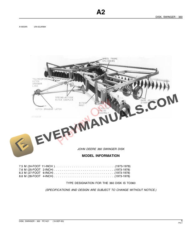 John Deere 360 Swinger Disk Parts Catalog PC1421 13AUG99-3