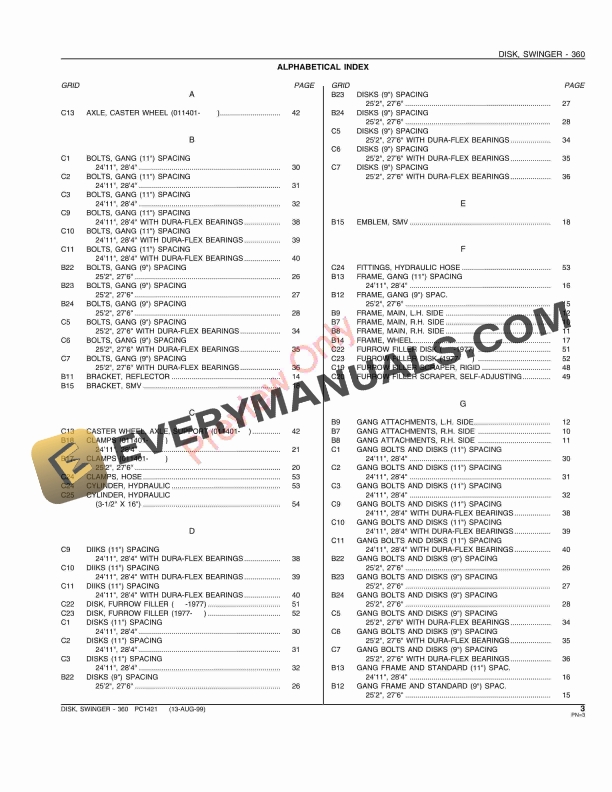 John Deere 360 Swinger Disk Parts Catalog PC1421 13AUG99-5