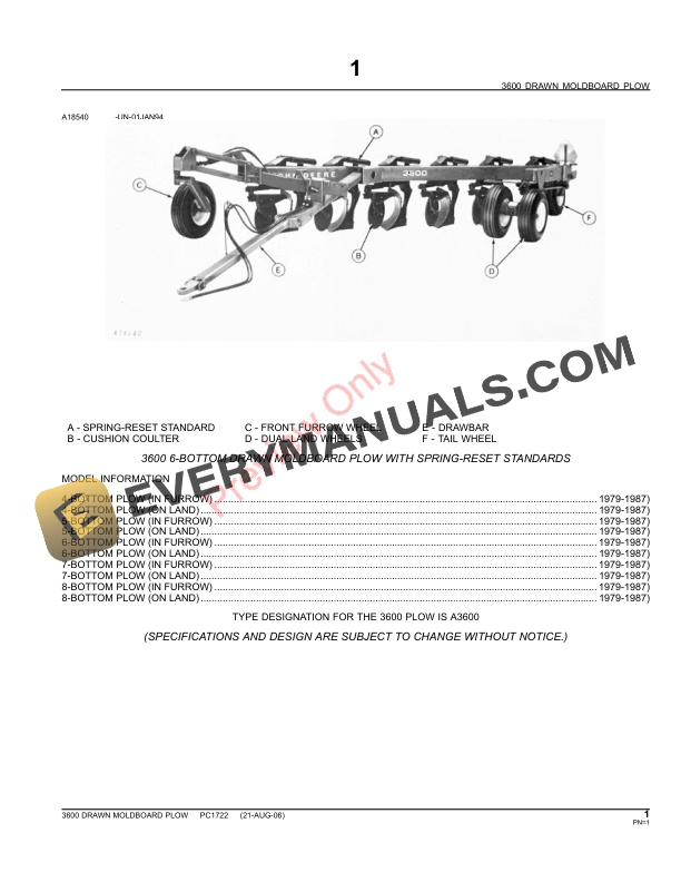 John Deere 3600 Drawn Moldboard Plow Parts Catalog PC1722 31MAY11-3