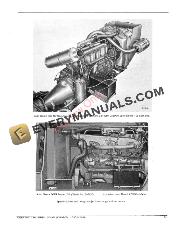 John Deere 362 Series Power Unit Parts Catalog PC1135 20AUG76 3