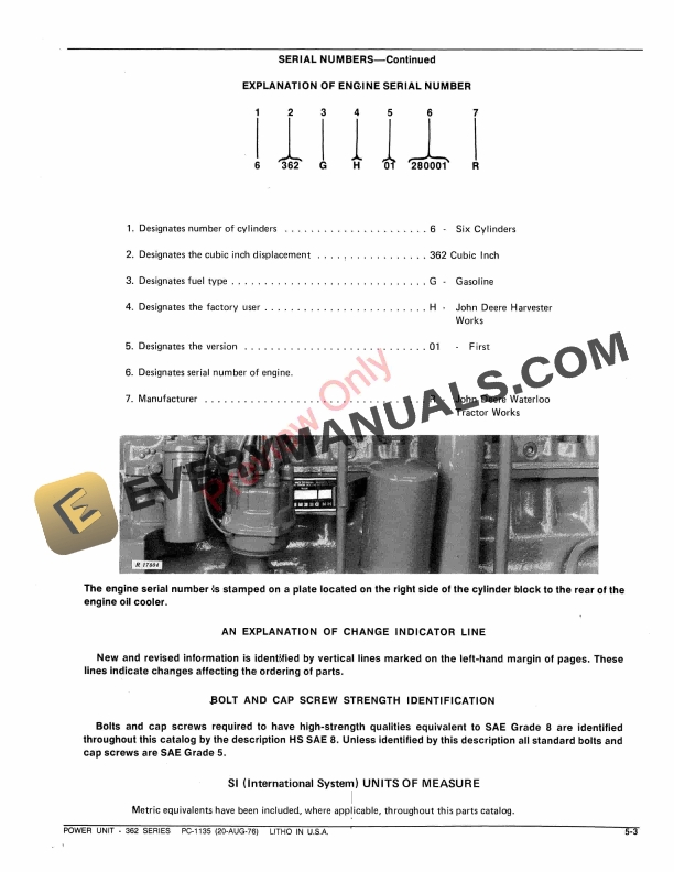John Deere 362 Series Power Unit Parts Catalog PC1135 20AUG76 5