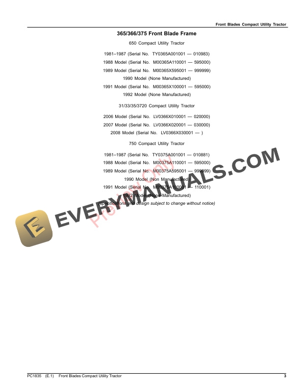 John Deere 365, 366, 375, 380, 380A, 390, 74, 84 FRONT BLADES FOR COMPACT UTILITY TRACTORS Parts Catalog PC1835 16JAN23-3