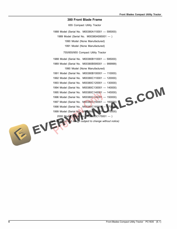 John Deere 365, 366, 375, 380, 380A, 390, 74, 84 FRONT BLADES FOR COMPACT UTILITY TRACTORS Parts Catalog PC1835 16JAN23-4