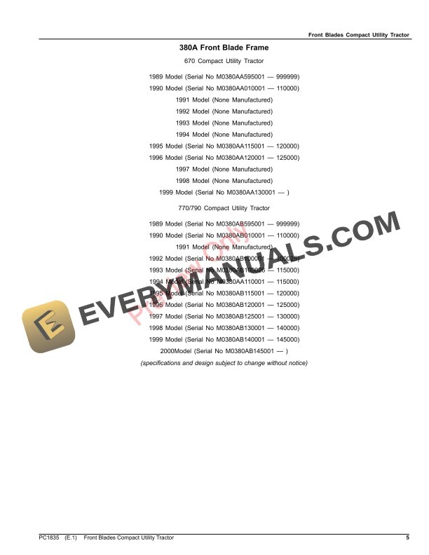 John Deere 365, 366, 375, 380, 380A, 390, 74, 84 FRONT BLADES FOR COMPACT UTILITY TRACTORS Parts Catalog PC1835 16JAN23-5