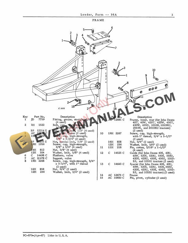 John Deere 36A Farm Loader Parts Catalog PC870 01APR67-5