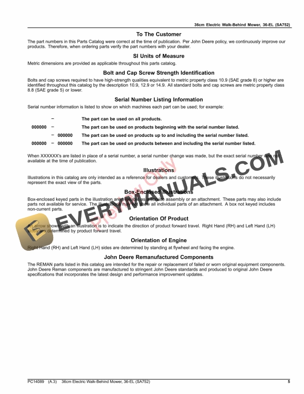 John Deere 36cm Electric Walk-Behind Mower, 36-EL (SA752) Parts Catalog PC14089 20JAN17 6 John Deere 36cm Electric Walk-Behind Mower, 36-EL (SA752) Parts Catalog PC14089 20JAN17-5
