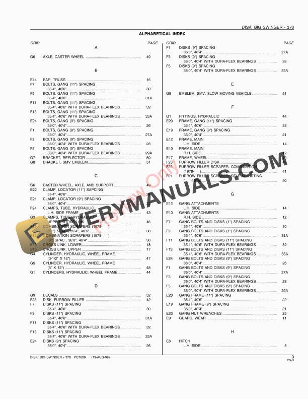 John Deere 370 Big Swinger Disk Parts Catalog PC1609 13AUG99-5