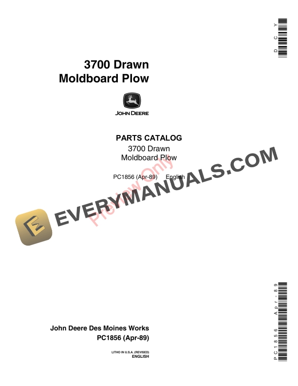 John Deere 3700 Flex Drawn Moldboard Plow Parts Catalog PC1856 19APR89-1
