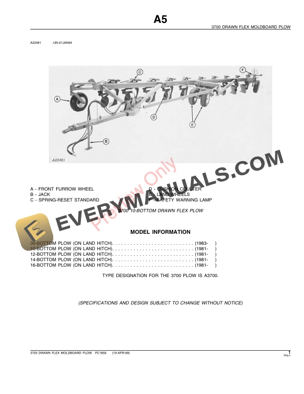 John Deere 3700 Flex Drawn Moldboard Plow Parts Catalog PC1856 19APR89 4 John Deere 3700 Flex Drawn Moldboard Plow Parts Catalog PC1856 19APR89-3