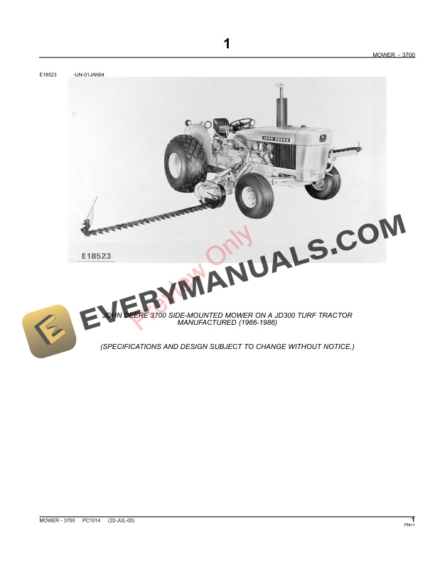 John Deere 3700 Side Mounted Mower Parts Catalog PC1014 06MAY11 3