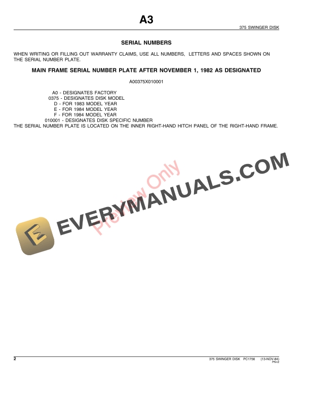 John Deere 375 Big Swinger Disk Parts Catalog PC1756 21SEP88-4