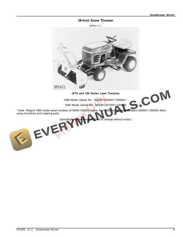 John Deere 38-INCH SNOW THROWER Parts Catalog PC2255 11FEB22-3