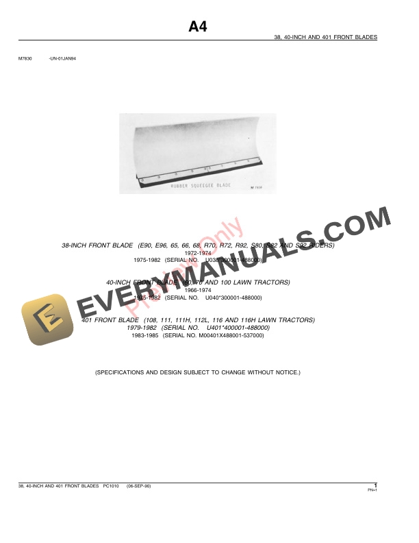 John Deere 38 Inch 40 Inch 401 Front Blades Parts Catalog PC1010 06SEP90 3