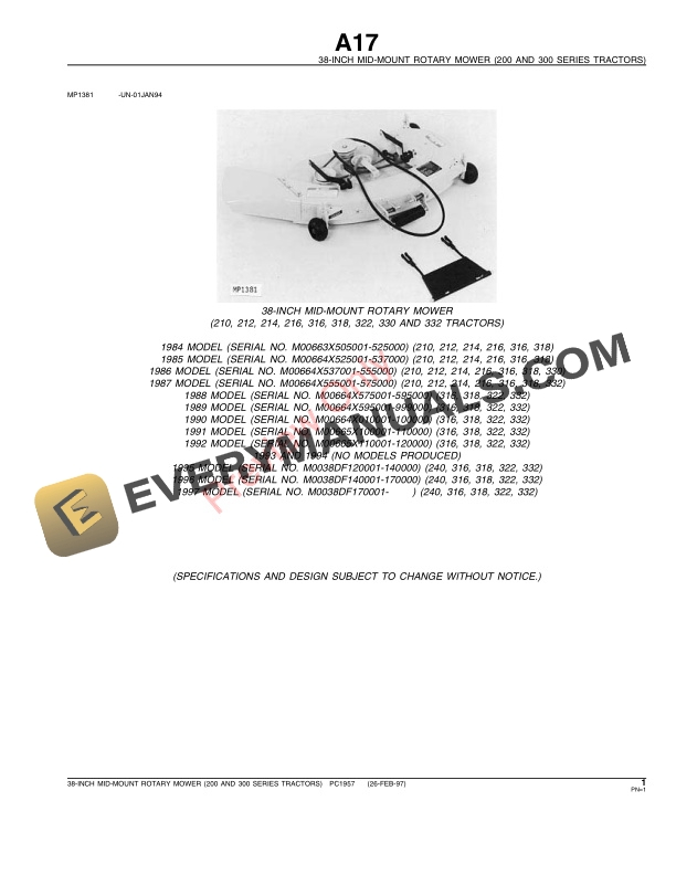 John Deere 38-Inch Tractor-Mounted Rotary Mower (For 200 and 300 Series) Parts Catalog PC1957 26FEB97-3