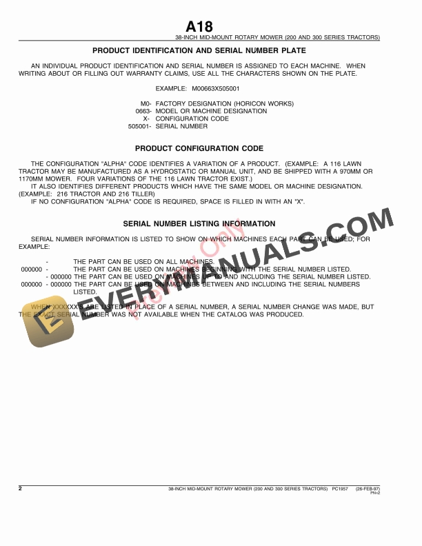 John Deere 38-Inch Tractor-Mounted Rotary Mower (For 200 and 300 Series) Parts Catalog PC1957 26FEB97-4