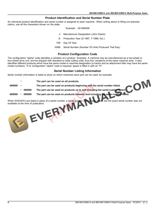 John Deere 380-MS12MS14 and 880-MS12MS14 Multi-Purpose Saws Parts Catalog PC2672 30NOV16 5 John Deere 380-MS12MS14 and 880-MS12MS14 Multi-Purpose Saws Parts Catalog PC2672 30NOV16-4