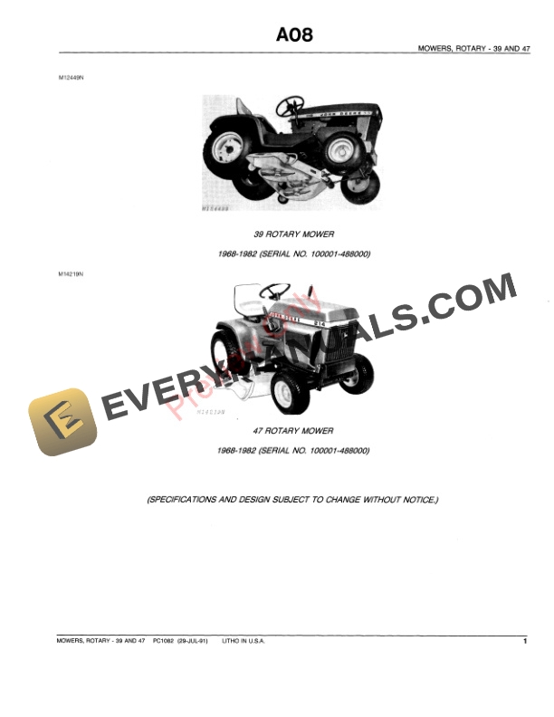 John Deere 39 and 47 Tractor Mounted Mowers Parts Catalog PC1082 29JUL91 3