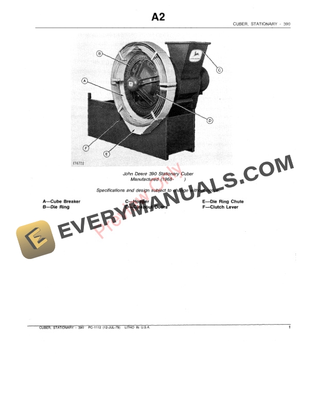 John Deere 390 Stationary Cuber Parts Catalog PC1112 12JUN79 3