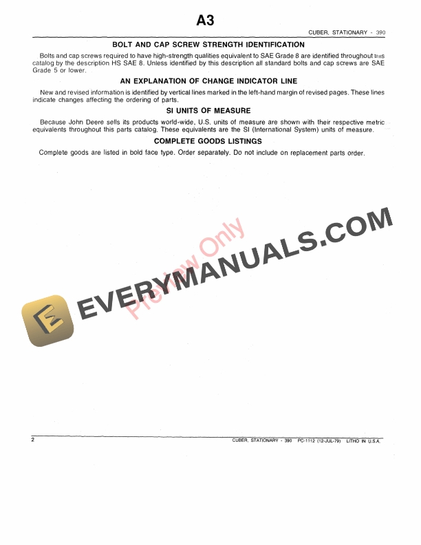 John Deere 390 Stationary Cuber Parts Catalog PC1112 12JUN79 4