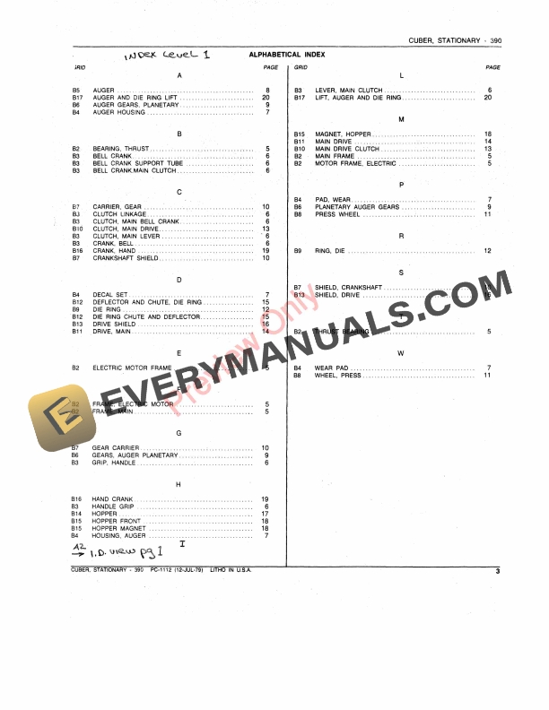 John Deere 390 Stationary Cuber Parts Catalog PC1112 12JUN79 5