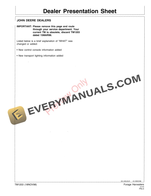 John Deere 3940 3950 3960 3970 Forage Harvesters Technical Manual TM1203 18NOV98 3