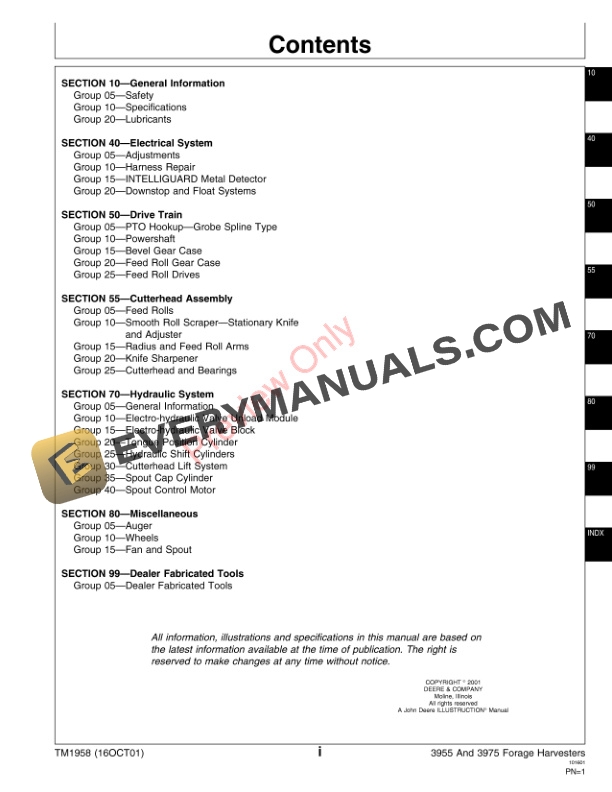 John Deere 3955 3975 Pull Type Forage Harvesters Technical Manual TM1958 16OCT01 3