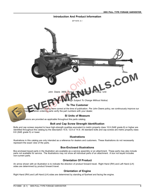 John Deere 3955 PULL TYPE FORAGE HARVESTER Parts Catalog PC10888 20SEP21 3