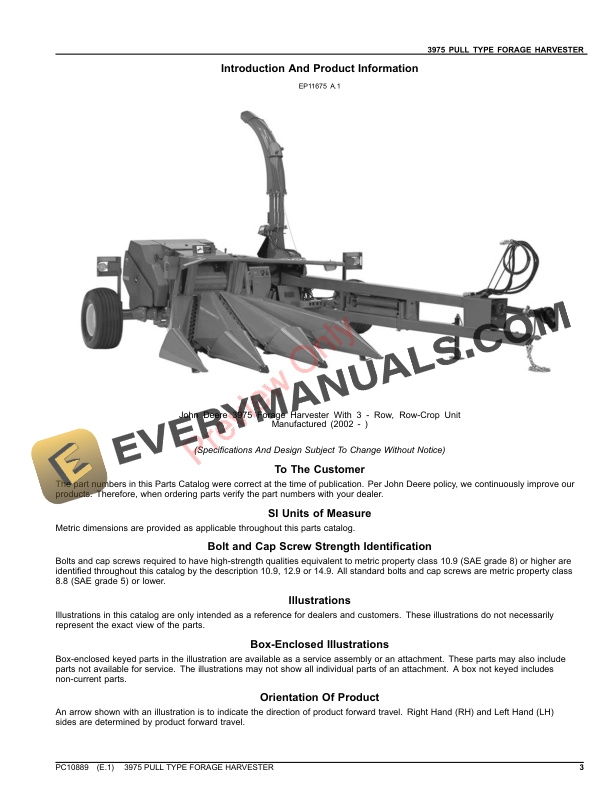 John Deere 3975 PULL TYPE FORAGE HARVESTER Parts Catalog PC10889 20SEP21 3