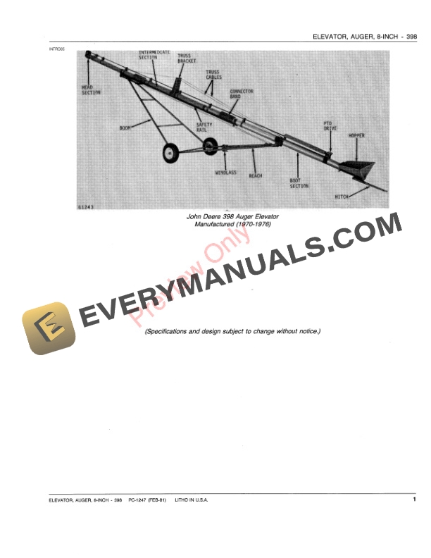 John Deere 398 Eight-Inch Auger Elevator Parts Catalog PC1247 12FEB81-3