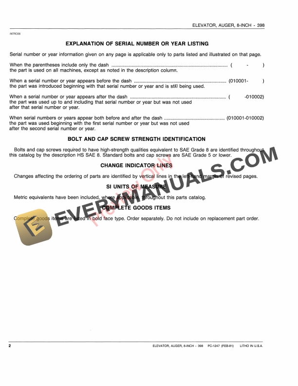 John Deere 398 Eight-Inch Auger Elevator Parts Catalog PC1247 12FEB81-4