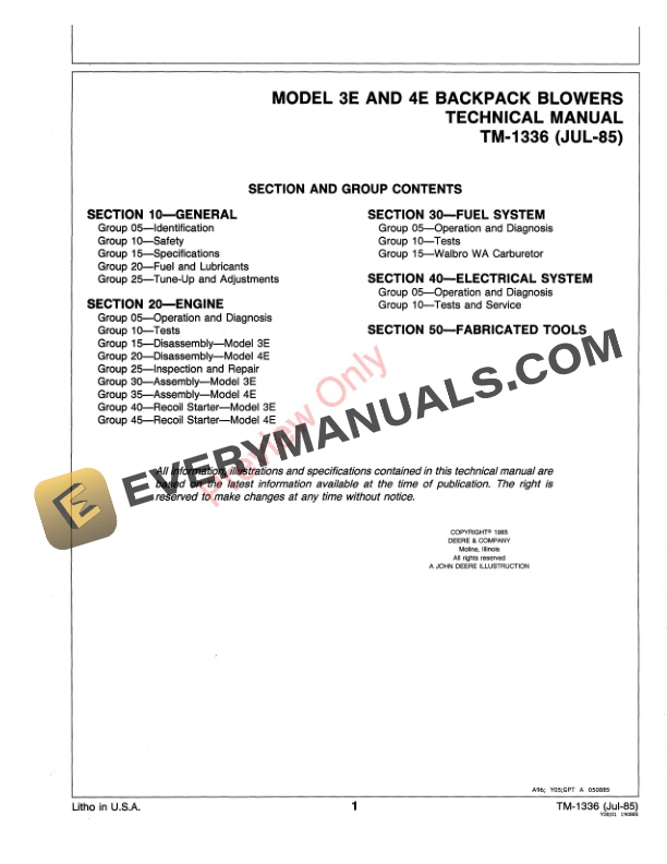 John Deere 3E and 4E POWER BLOWER Technical Manual TM1336 01JUL85 3