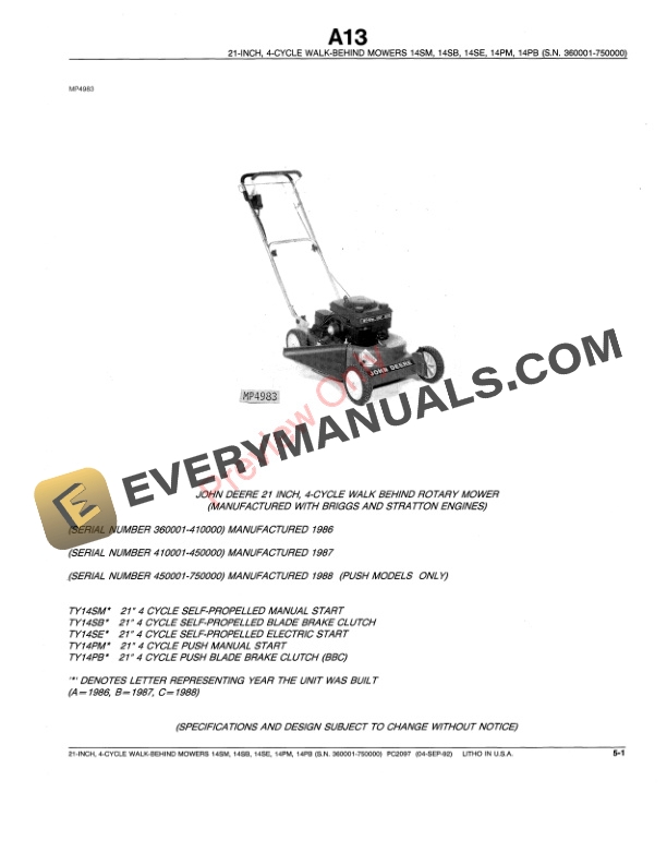 John Deere 4-Cycle Walk-Behind Rotary Mowers Parts Catalog PC2097 04SEP92-3