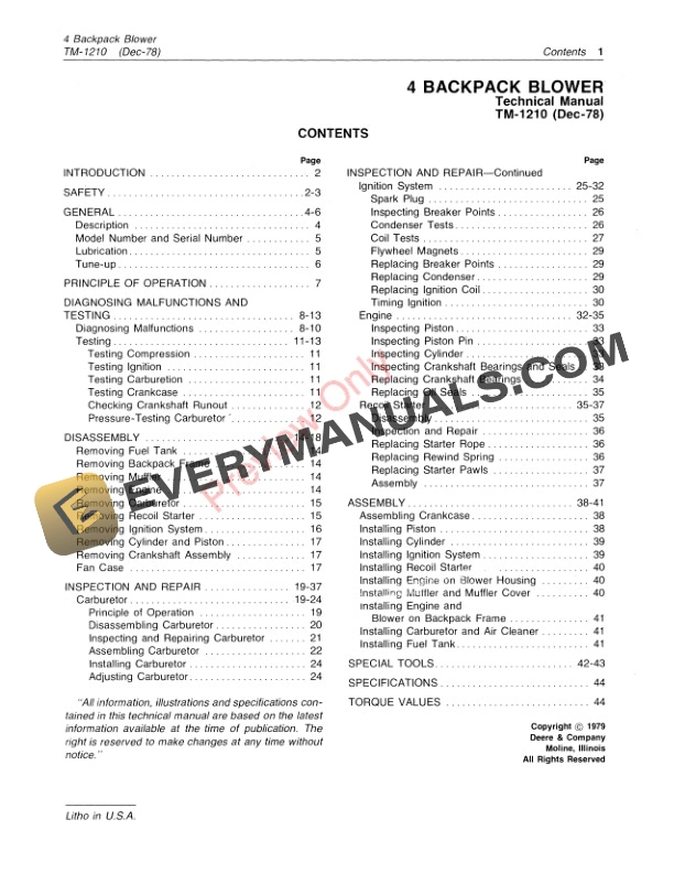 John Deere 4 POWER BLOWER Technical Manual TM1210 01DEC78 3