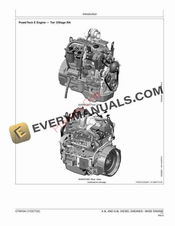 John Deere 4.5L AND 6.8L DIESEL ENGINES BASE ENGINE Component Technical Manual CTM104 30MAY23 5