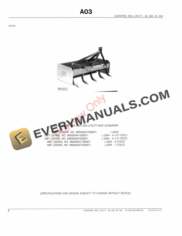 John Deere 40, 40A, 50, 50A Utility Box Scrapers Parts Catalog PC1642 06MAR87-4