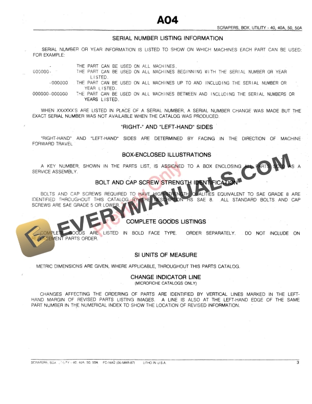 John Deere 40, 40A, 50, 50A Utility Box Scrapers Parts Catalog PC1642 06MAR87-5