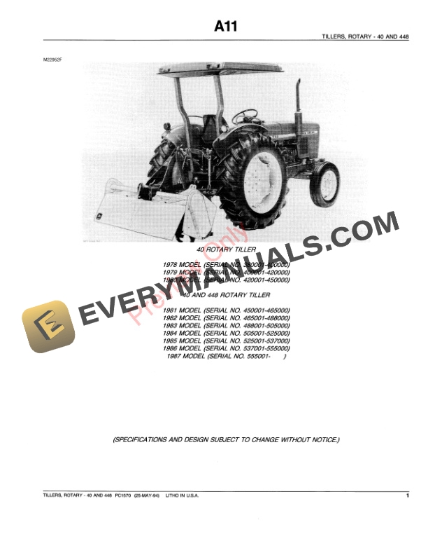 John Deere 40, 448 Rotary Tillers Parts Catalog PC1570 25MAY94 4 John Deere 40, 448 Rotary Tillers Parts Catalog PC1570 25MAY94-3