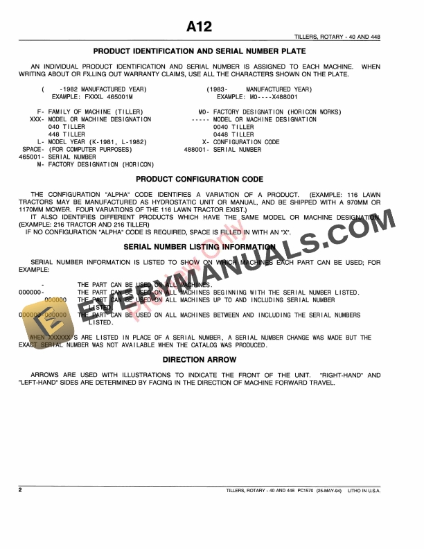 John Deere 40, 448 Rotary Tillers Parts Catalog PC1570 25MAY94 5 John Deere 40, 448 Rotary Tillers Parts Catalog PC1570 25MAY94-4