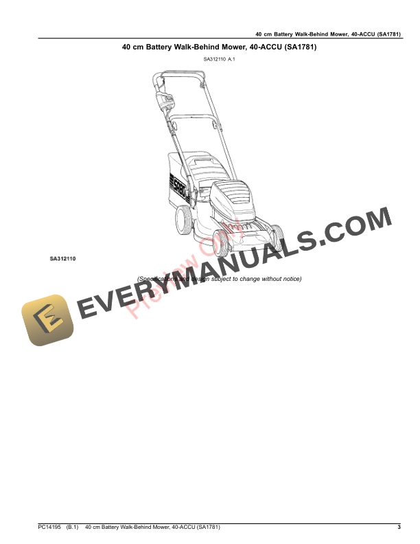 John Deere 40 cm Battery Walk-Behind Mower, 40-ACCU (SA1781) Parts Catalog PC14195 20NOV20-3